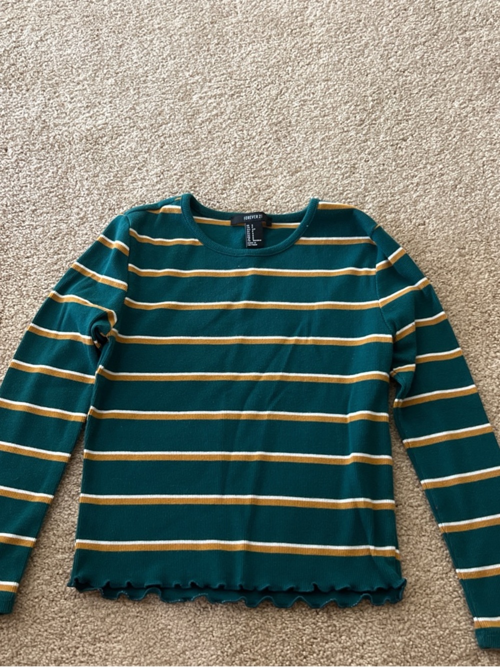 Forever 21 Teal Long Sleeve Stripe Top with Cream and Gold Accents